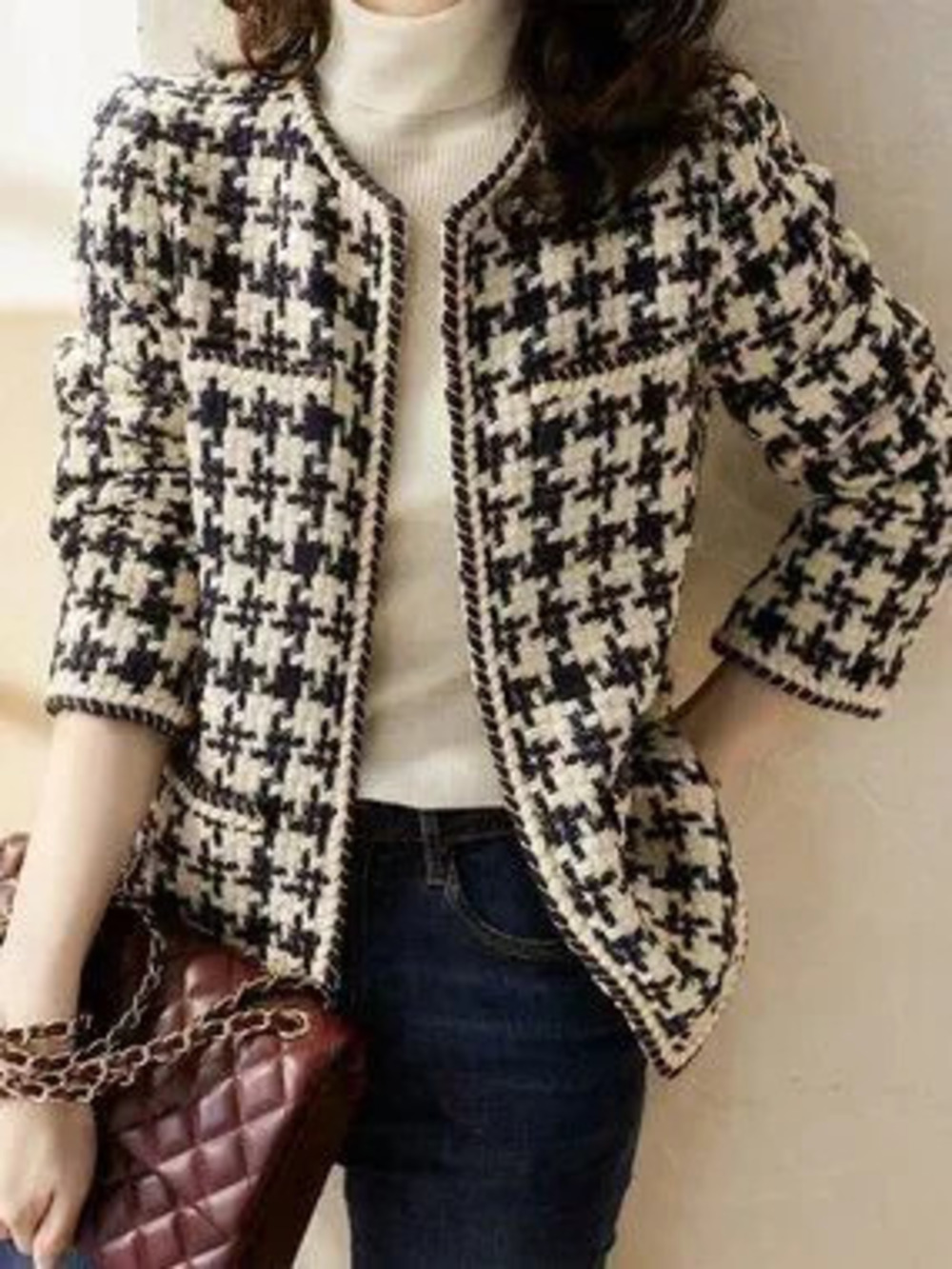 Multicolor Casual Women's Houndstooth Pocket Round Neck Loose Regular Hem Jacket